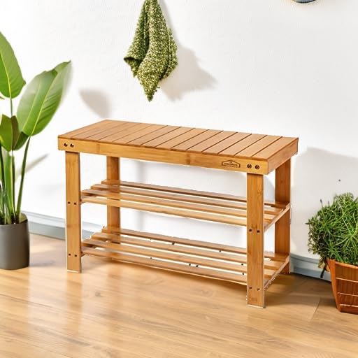 Homemaid Living Bamboo 3 Tier Shoe Rack Bench, Premium Organizer or Entryway Bench, Perfect for Shoe Cubby, Entry Bench, Bathroom Bench, Entryway Organizer, Hallway or Living Room(Natural Bamboo)