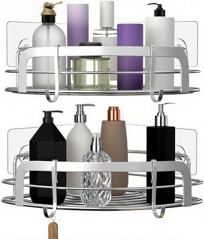 STEUGO 2 Pack Shower Caddy Corner, Bathroom Corner Shower Shelfs, Adhesive Wall Mounted Shower Caddy with 4 Movable Hooks, No Drilling Shower Shelf, Stainless Steel Silver.