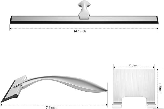 peafowl Shower Squeegee Stainless Steel Bath Squeegee for Shower Glass Doors Bathroom Windows Kitchen Mirror and Car Glass with Hooks Holder (14 inch, Brushed Silver)