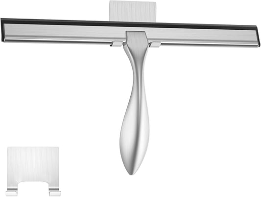 peafowl Shower Squeegee Stainless Steel Bath Squeegee for Shower Glass Doors Bathroom Windows Kitchen Mirror and Car Glass with Hooks Holder (12 inch, Brushed Silver)