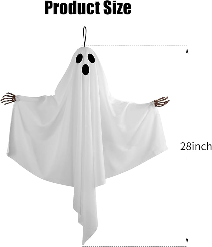 4PCS Hanging Ghosts Halloween Decorations with Skeleton Hands, Spooky Expression for Front Porch and Tree