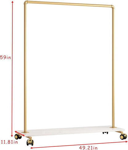 Gold Metal Clothing Rack with Wood Shelf, Heavy Duty Rolling Garment Rack with Wheels for Bedroom Retail Boutique Use (49.21L inches)