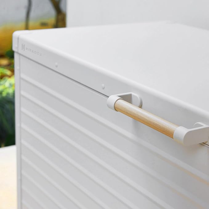 MIRADOR 175 Gallon Outdoor Storage Box Waterproof, Metal Deck Box with wheels for Patio Furniture, Garden Tools, Outdoor Cushion, Latte