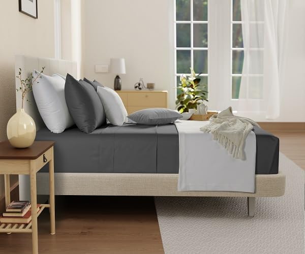 100% Organic Cotton Twin XL Sheets Set, 300TC Sateen Weave 3PC Twin XL Bed Sheets, Elasticated Sheet & Pillowcase Sets, Soft & Comfy No lint Machine Washable Grey Sheet, Fade Resistant- Charcoal