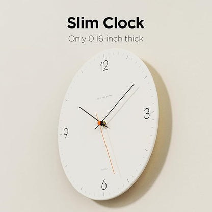 mooas Flatwood Wall Clock,12" Non-Ticking Sweep Movement Decorative Battery Operated Wall Clock for Home Living Room Kitchen Bedroom Office School (Simple White)
