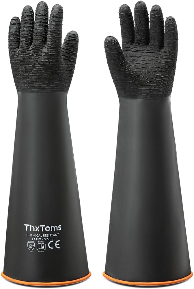 ThxToms Heavy Duty Rubber Gloves, Industrial Chemical Resistant Gloves Waterproof Reusable Protective Work Gloves for Cleaning, Dishwashing,Upgraded with Non-Slip Design, Black, 22" 1 Pair