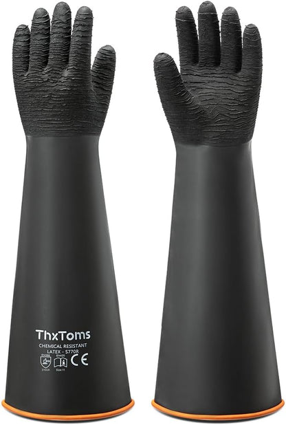 ThxToms Heavy Duty Rubber Gloves, Industrial Chemical Resistant Gloves Waterproof Reusable Protective Work Gloves for Cleaning, Dishwashing,Upgraded with Non-Slip Design, Black, 22" 1 Pair