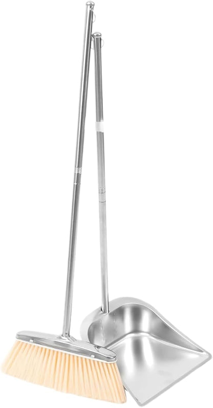 Stainless Steel Broom and Dustpan Set, Long Handle Floor Cleaning Tool & Home Cleaning Equipment, Heavy Duty Sweep Accessory for Living Room Bedroom Study Apartment Garage Bathroom Restaurant Office