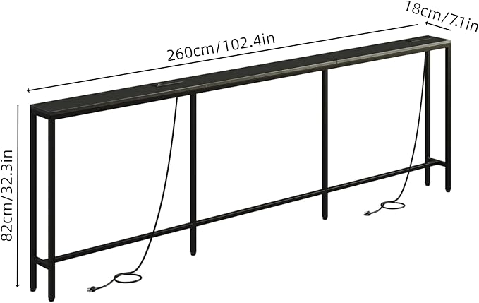 102.4" Behind Couch Table with 2 Fast Charging Stations, 7.1" Narrow Skinny Sofa Table with 4 Power Outlets, 4 USB-A, 2 USB-C for Console Entryway, Black