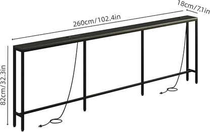 102.4" Behind Couch Table with 2 Fast Charging Stations, 7.1" Narrow Skinny Sofa Table with 4 Power Outlets, 4 USB-A, 2 USB-C for Console Entryway, Black