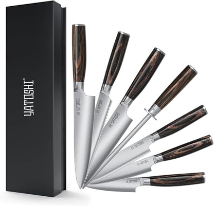 Yatoshi Kitchen Knife Set - 7 Piece, Ultra Sharp High Carbon Stainless Steel, Full Tang