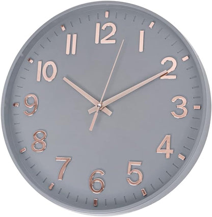 HZDHCLH Modern Wall Clocks Battery Operated,12 inch Silent Non Ticking Round Quartz Clock for Wall,3D Numbers Wall Clock for Kitchen Bedroom Living Room Office Classroom Decor (Grey-Rosegold)