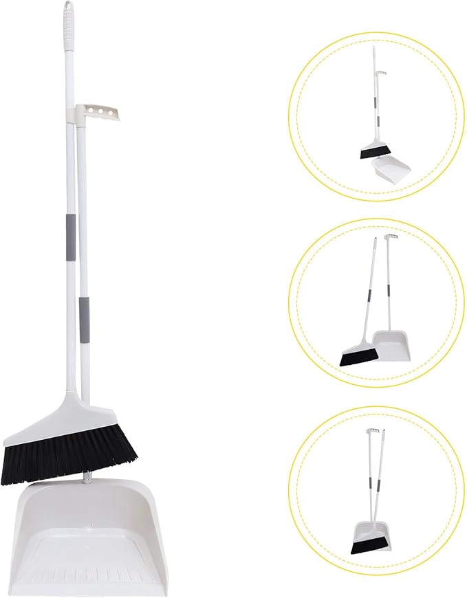 Broom and Dustpan Set Heavy Duty with Long Handle, Soft Bristle Broom and Large Dustpan for Home Cleaning, Pet Hair Removal, Indoor Floor Sweeping, White