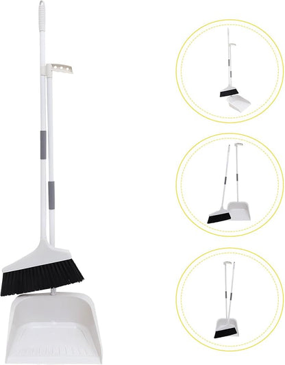 Broom and Dustpan Set Heavy Duty with Long Handle, Soft Bristle Broom and Large Dustpan for Home Cleaning, Pet Hair Removal, Indoor Floor Sweeping, White
