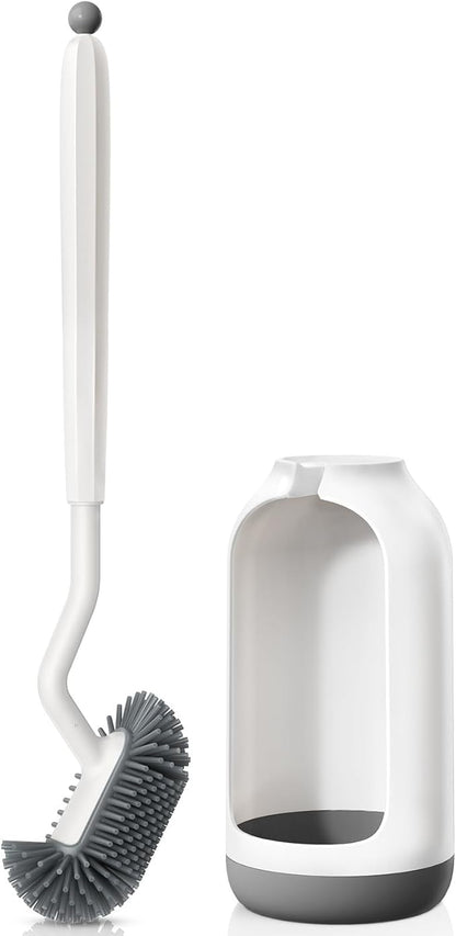 HAMITOR Toilet Bowl Brush Holder Set: Deep Cleaning Silicone Toilet Cleaner Scrubber Under Rim with Curved Bristle for Bathroom Dead Corner Clean - Modern Rv Toilet Decorative Accessories - White