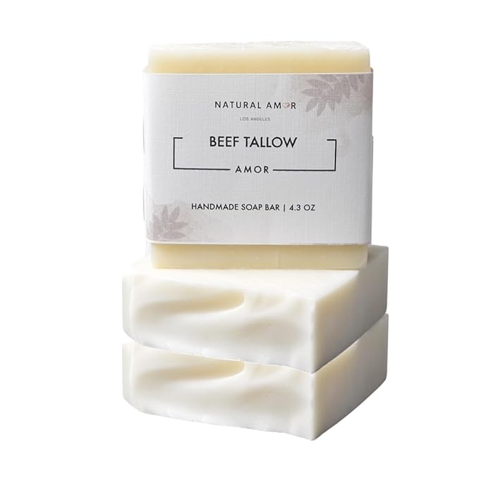 Natural Amor Beef Tallow Soap Bar 3 Pack, Handmade with Organic Grass-Fed Beef Tallow, Shea Butter, Coconut Oil, Natural Soap for Dry or Sensitive Skin Fragrance-Free