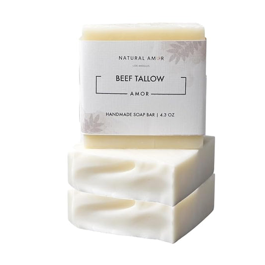 Natural Amor Beef Tallow Soap Bar 3 Pack, Handmade with Organic Grass-Fed Beef Tallow, Shea Butter, Coconut Oil, Natural Soap for Dry or Sensitive Skin Fragrance-Free