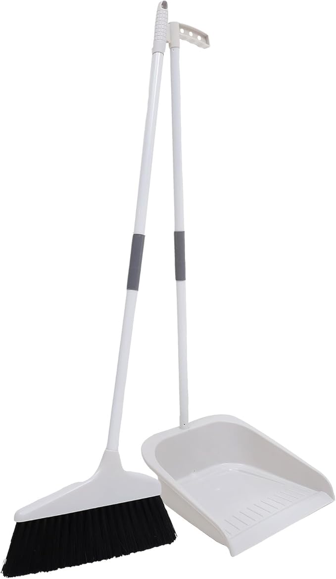 Broom and Dustpan Set Heavy Duty with Long Handle, Soft Bristle Broom and Large Dustpan for Home Cleaning, Pet Hair Removal, Indoor Floor Sweeping, White