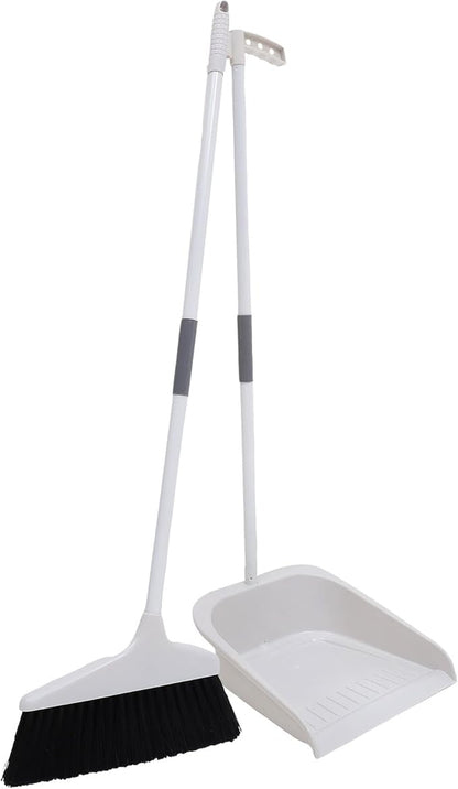Broom and Dustpan Set Heavy Duty with Long Handle, Soft Bristle Broom and Large Dustpan for Home Cleaning, Pet Hair Removal, Indoor Floor Sweeping, White