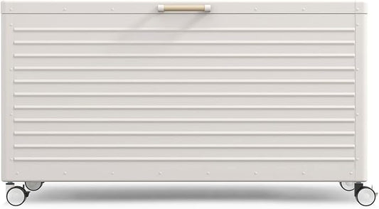 MIRADOR 175 Gallon Outdoor Storage Box Waterproof, Metal Deck Box with wheels for Patio Furniture, Garden Tools, Outdoor Cushion, Latte