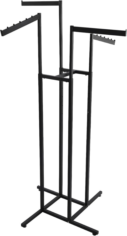 Clothing Rack - Heavy Duty 4 Way Adjustable Clothing Rack with Slanted Arms, Retail Clothing Rack Display With 2 Straight Arms and 2 Slanted Arms Perfect for Clothing Store Display (Black)