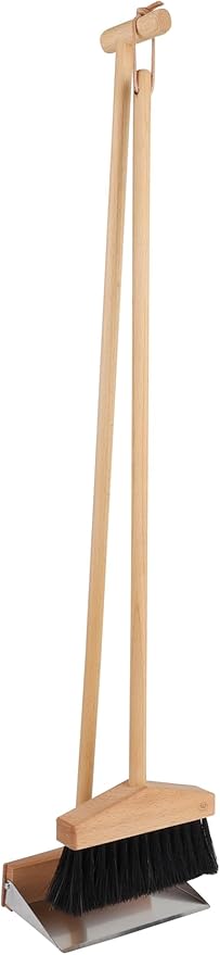 Redecker Long Handle Dustpan & Brush Set, Oiled Beechwood Handles, Horsehair Bristles & Stainless Steel Pan, Elegant Standby for Quick Floor Sweeps Without Bending