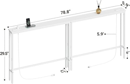 ELYKEN 2 Pack 5.9" Narrow Console Sofa Table with Power Outlets, Total 78.8” Long Behind Couch Table with Charge Station and 5.9’ Extension Cord for Living Room, 5.9" D x 78.8”W x 29.5”H, White