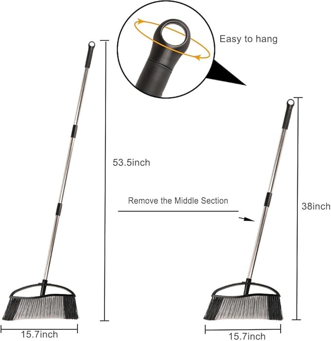 15.7" Wide Angle Heavy Duty Broom, All-Surface Outdoor Sweeper with Long Handle & Stiff Bristles for Patio, Garage, Yard (Black)