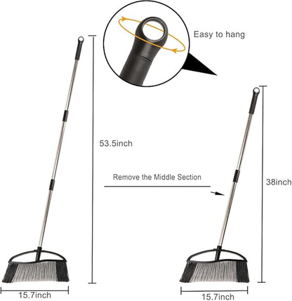 15.7" Wide Angle Heavy Duty Broom, All-Surface Outdoor Sweeper with Long Handle & Stiff Bristles for Patio, Garage, Yard (Black)
