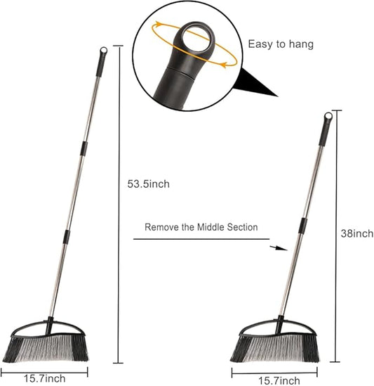 15.7" Wide Angle Heavy Duty Broom, All-Surface Outdoor Sweeper with Long Handle & Stiff Bristles for Patio, Garage, Yard (Black)