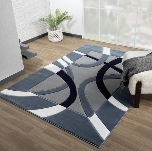 Ultra Soft Area Rug - Modern Abstract Design for Living Room & Bedroom - Foldable, Stain Resistant, Easy to Clean - (8x11, Blue)