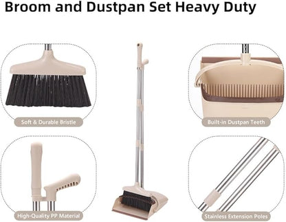 Broom and Dustpan Set with 57.4 Inch Adjustable Stainless Steel Handle, Upright Foldable Design, Beige and Brown, Heavy Duty with Built-in Teeth