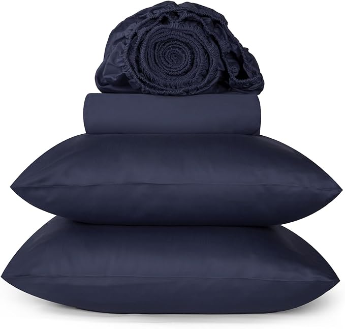URBANHUT King Size Sheets - Egyptian Cotton, 4 Pc Bed Sheet Set, Luxury Hotel Sateen, Fits 16" Deep Pocket - Navy Blue