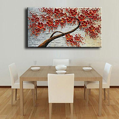 YaSheng Art -Large Size hand-painted Oil Painting On Canvas Texture Palette Knife Red Flowers Paintings Modern Home Decor Wall Art Painting Colorful 3D Flowers Tree Paintings Ready to hang 24x60inch