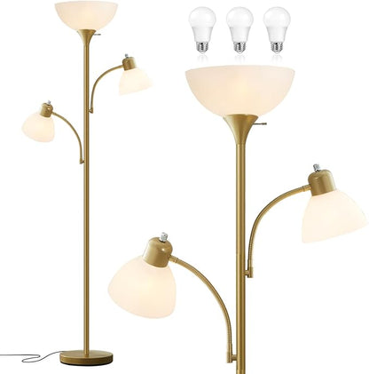 Luvkczc Floor Lamps for Living Room, 72" Tall Standing Lamps, Torchiere Lamp with 8W Adjustable Reading Lights, Modern Bright Floor Lamp for Bedroom, Office, Dresser, Gold&White, Bulbs Included