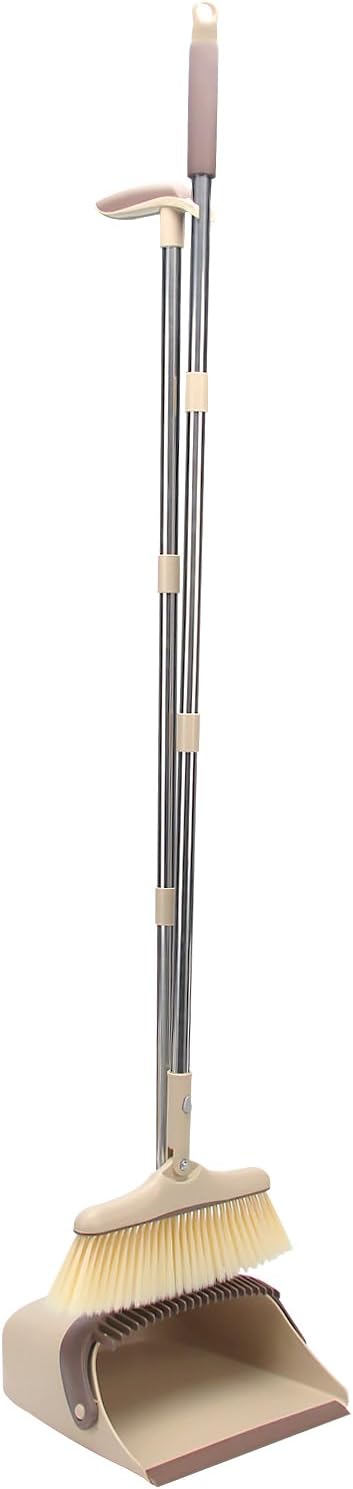 Broom and Dustpan Set,Long Handle Broom and Dustpan Set,Broom with Stand Up Dustpan Combo Set,for Home, Office, Lobby(Coffce)