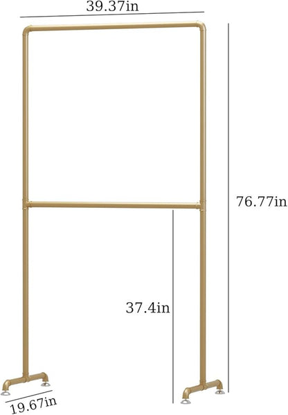 Industrial Pipe Clothing Rack, Heavy Duty Metal Clothes Rack with Double Rods, Freestanding Garment Rack for Bedroom Boutique Retail Use (gold)