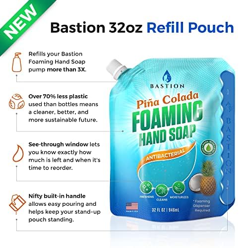 Bastion Foaming Hand Soap Refills: (6) 32oz Pouch Pina Colada Scented Antibacterial Instant-Foam Bulk Hand Wash