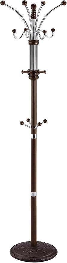 73" Tall Chrome and Wood Coat Rack, Espresso finish