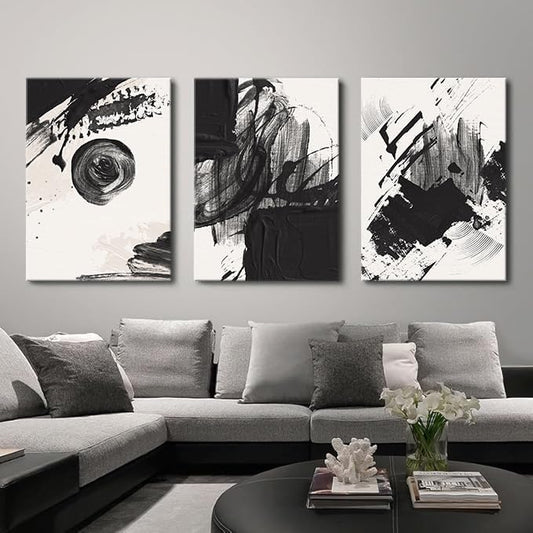 Black and White Abstract Canvas Wall Art Set,Geometric Painting Stroke Spiral Rings Shapes Illustrations Print Art Decorative Nordic Calm/Zen for Living Room, Bedroom, Office Decor 16x24x3pcs