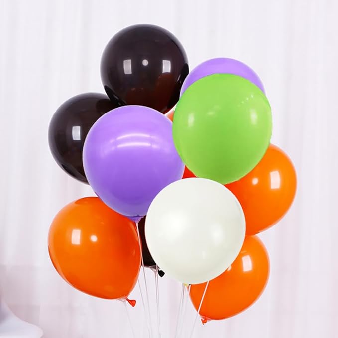 Halloween Balloons w/Ribbon 100 Pack 12 Inch Black Orange White Purple Green Balloons for Halloween Party Decorations