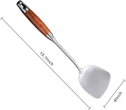 Chinese Wok Spatula, 304 Stainless Steel Spatula with Heat Resistant Wooden Handle Wok Utensils,Silver/15.7Inch