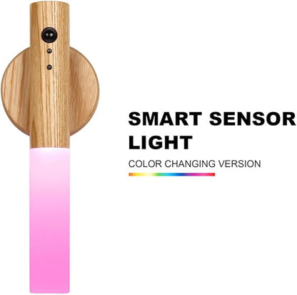 LANDGOO RGB Motion Sensor Night Light, Color Changing Atmosphere Lamp, Battery Powered Rechargeable LED Wood Wall Sconce for Home Party Lighting (RGB Ash Wood 2PCS)