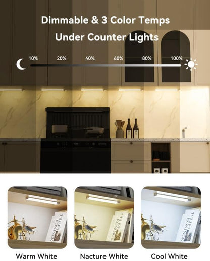 12-Pack Under Cabinet Lighting with 2 Charging Stations, 8-in Rechargeable Motion Sensor Light Indoor, 3 Color Dimmable Closet Light, USB Stick on LED Magnetic Under Counter Lights for Kitchen