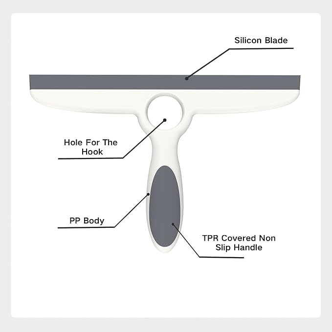 Shower Squeegee for Glass Doors & Walls - 10" Squeegee with Adhesive Hook - Pack of 2/Gray
