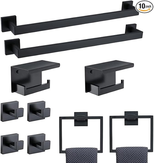 23.6 Inch SUS304 Stainless Steel Bathroom Hardware Set - 10-Piece Wall-Mounted Towel Bar, Holder & Racks - Matte Black