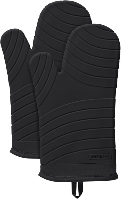 Beneno Premium Silicone Oven Mitts 2-Pack Heat Resistant 500°F, Soft Flexible Non-Slip Grips, BPA-Free & Waterproof Oven Mitts with Comfort Cotton Lining for Baking, Grilling, Cooking, 7"x13", Black