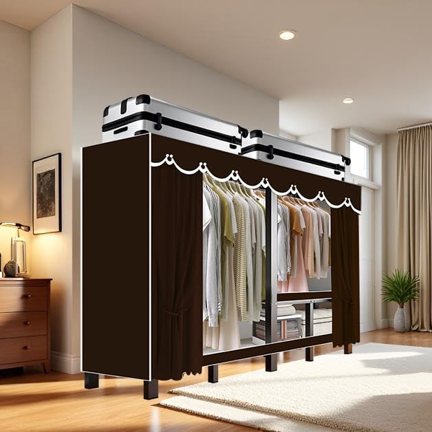 Foldable Portable Wardrobe Closet with Cover, Heavy Duty Clothing Rack for Hanging Clothes has 59in Vertical Storage Space, Coffee Metal Garment Rack (Coffee, 84.5in)