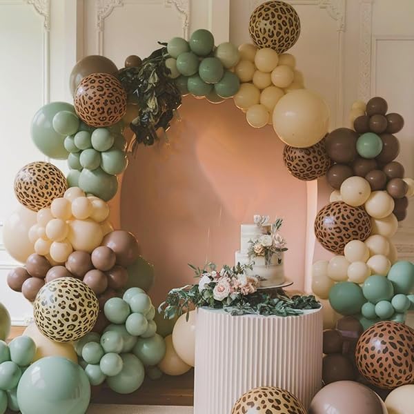 Jungle Balloons, 12 Inch Green and Brown Balloons, Sage Green Brown Apricot Giraffe Khaki Print Latex Balloon for Safari Baby Shower Forest Jungle Animal Theme Birthday Party Decorations