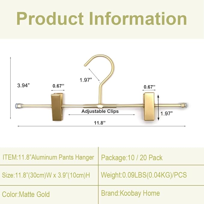 Pants Hangers Gold Aluminum Skirt Hanger 2-Adjustable Clips Heavy Duty Clothes Hangers Space Saving Durable Hanger 11.8" Closet Organizer for Pant,Pack of 10